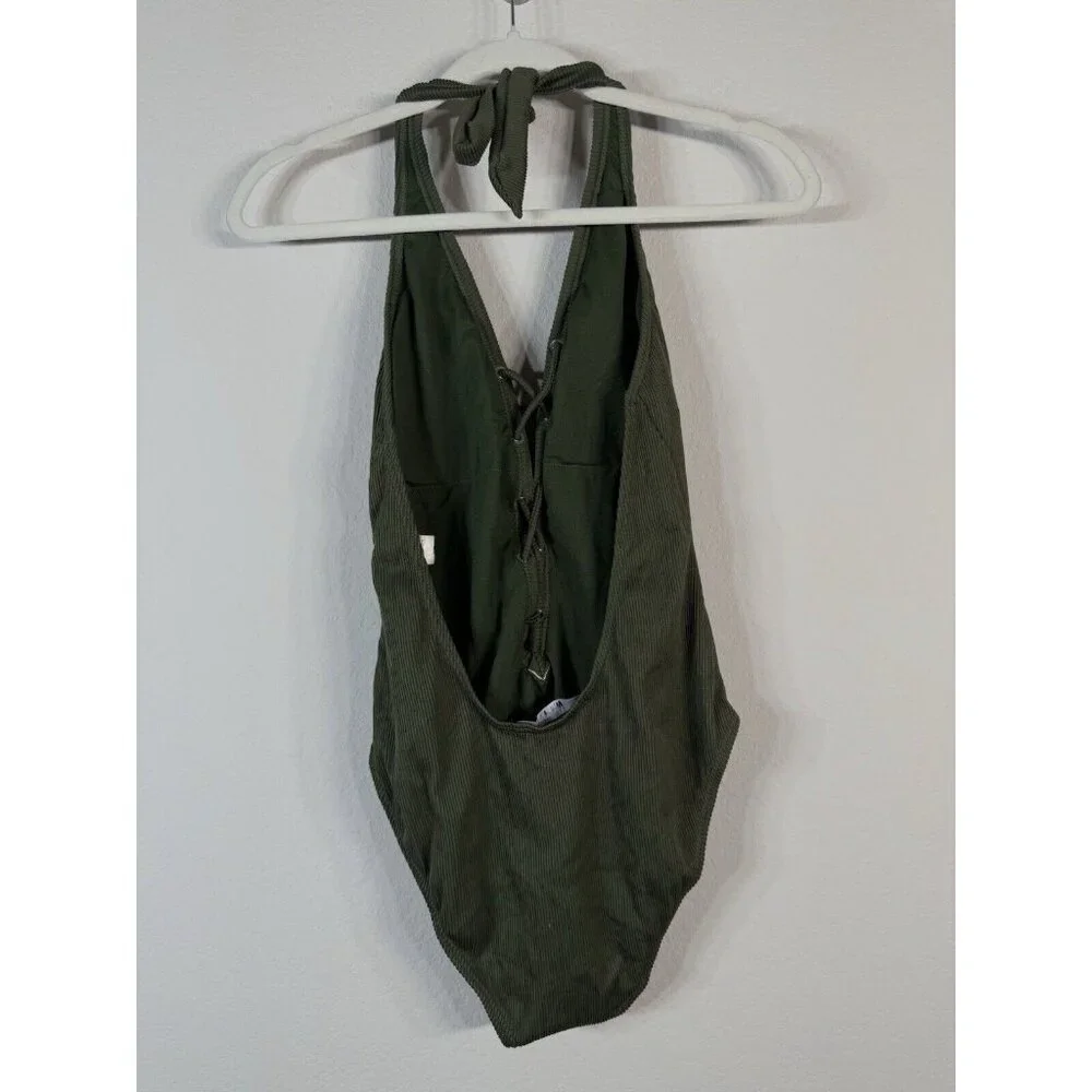 Miss Lola Women’s Olive Green Lace up Halter One Piece Swimsuit Size Large Beach
